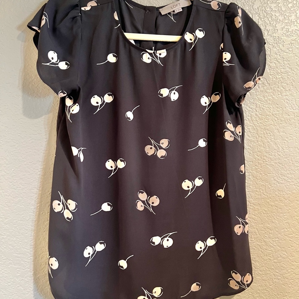 LOFT Navy Blue Blouse with Light Pink Cherry Design
